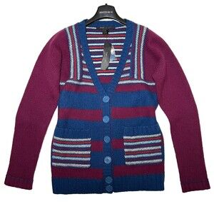 Marc Jacobs Womens Lambswool Striped Belted Cardigan Sweater Size L